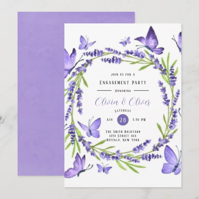 Lavender Wisteria and Butterfly Engagement Party Einladung (Vorne/Hinten)