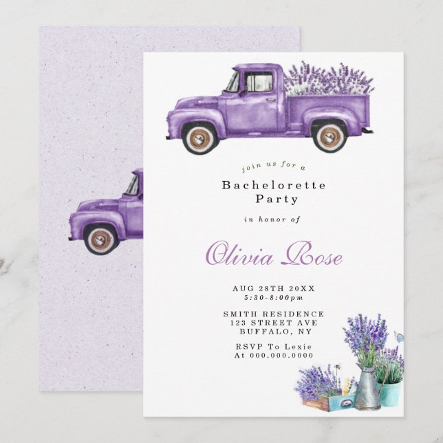 Lavender Wisteria Truck Bachlorette Invitations (Devant / Derrière)