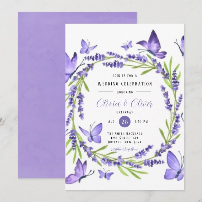 Lavender Wisteria und Schmetterlinge Hochzeit Einladung (Vorne/Hinten)
