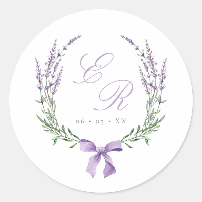 Lavender Wreath & Bow Monogram Wedding Runder Aufkleber (Vorderseite)