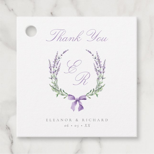 Lavender Wreath & Bow Monogram Wedding Vielen Dank Geschenkanhänger (Vorderseite)