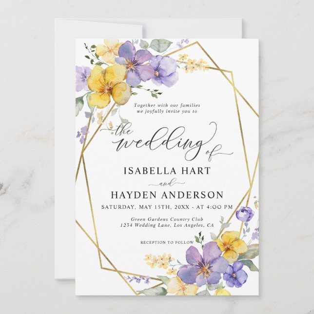 Lavender Yellow Chic Floral Gold Frame Wedding Einladung (Vorderseite)