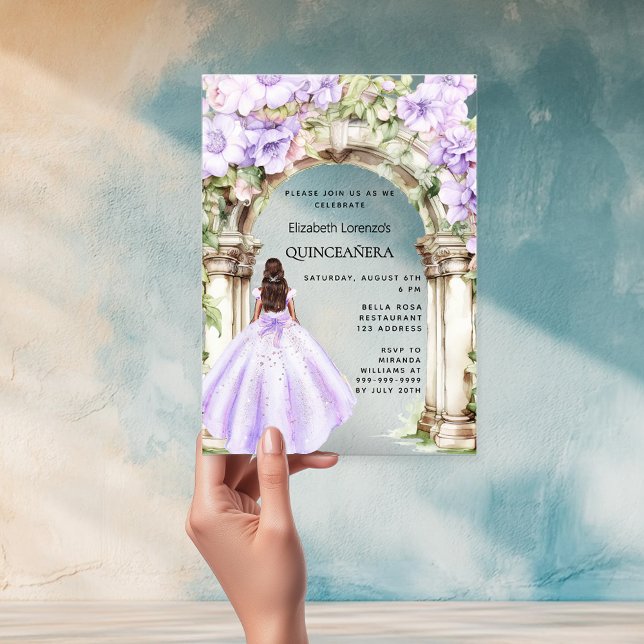Lavenderfloralen Bogen Kleid klar Quinceanera Acryleinladungen (Von Creator hochgeladen)