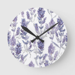 Lavenfelder Lila Aquarell-Blumenmuster Runde Wanduhr