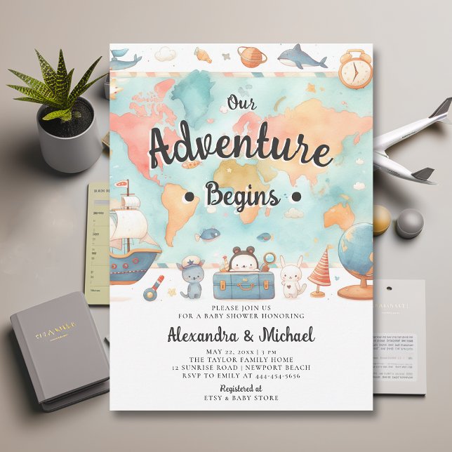 L'aventure commence Carte Couples Baby shower neut (our adventure begins baby shower invitation gender neutral cute world map watercolor cute adorable)