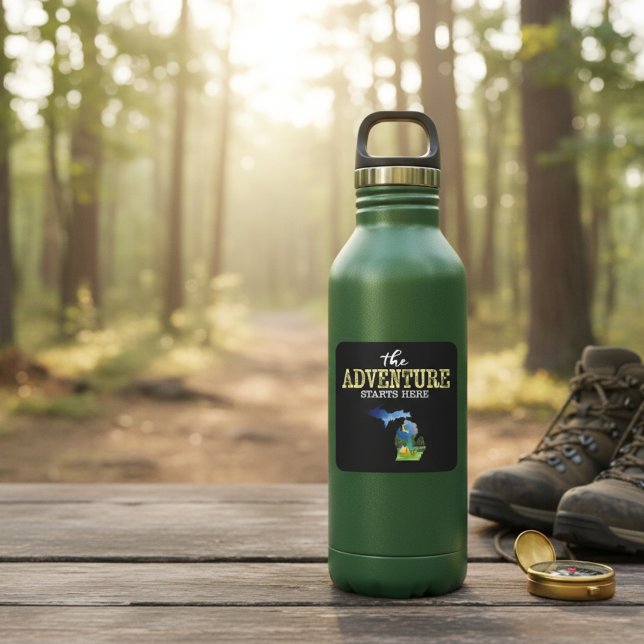 L'aventure commence ici Sticker Carré Michigan (The Adventure Starts Here Michigan Square Sticker)