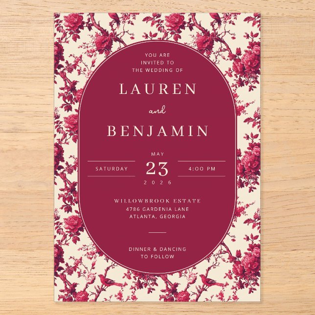 Lavish Crimson Blooms Wedding Acryleinladungen (Vorderseite)
