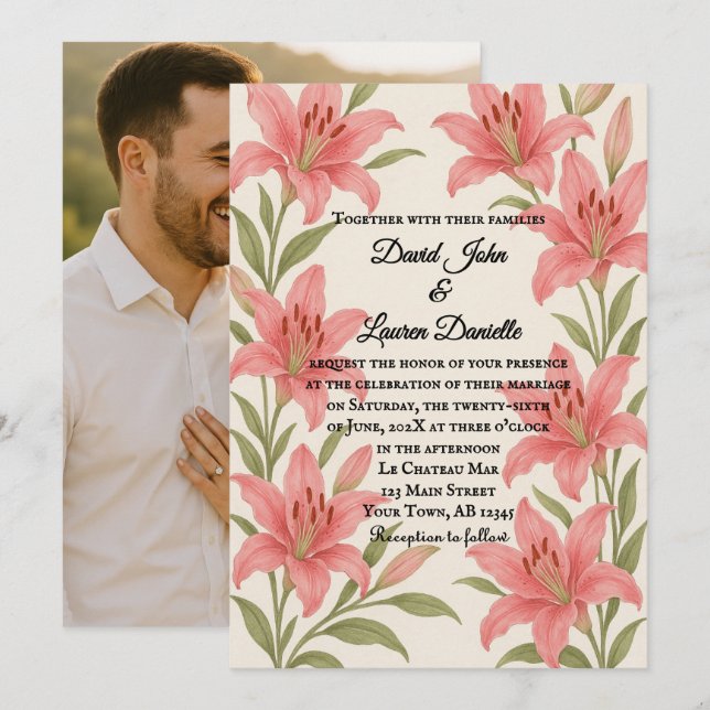 Lavish Lily Foto Hochzeit Einladung (Vorne/Hinten)