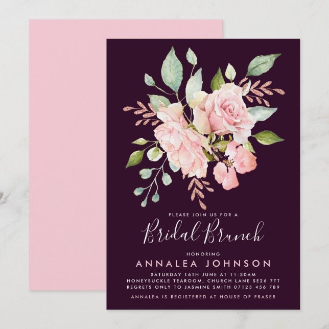 Lavish Pink & Eggplant Rose Bridal Brunch Einladung (Vorne/Hinten)