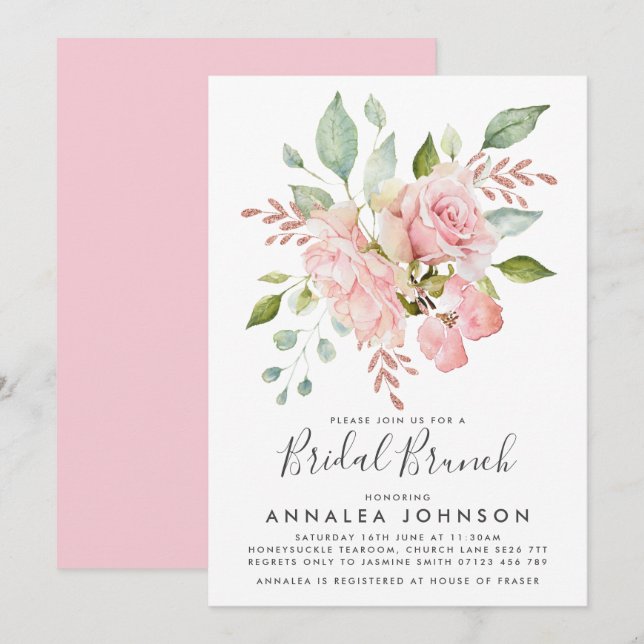 Lavish Pink Roses Bridal Brunch Einladung (Vorne/Hinten)