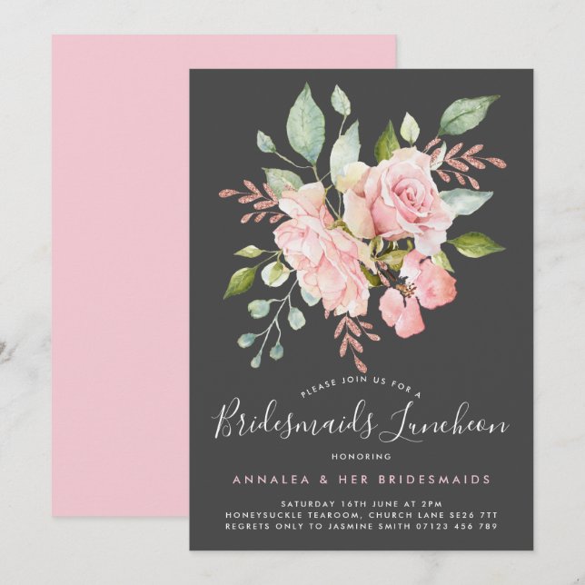 Lavish Pink Roses & Glitzer Bridesmaids Luncheon Einladung (Vorne/Hinten)