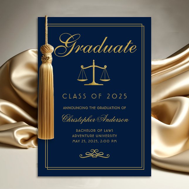 Law Blue Gold Scales of Justice Uni-Abschluß Ankündigung (Navy blue and gold scales of justice college graduation announcement for lawyers)