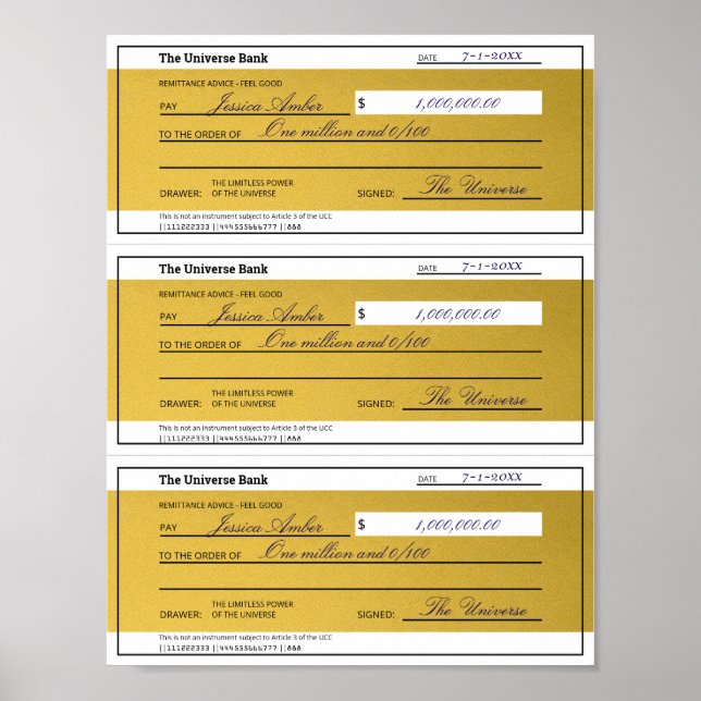 Law of Attraction 3 Blank Printable Gold Checks Poster (Vorne)