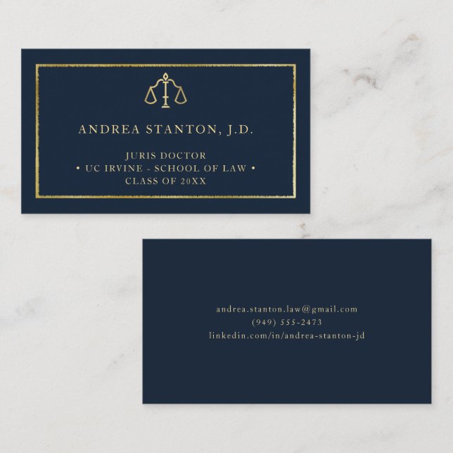 Law School Grad Student Lawyer Gold Navy Elegant Visitenkarte (Vorne/Hinten)