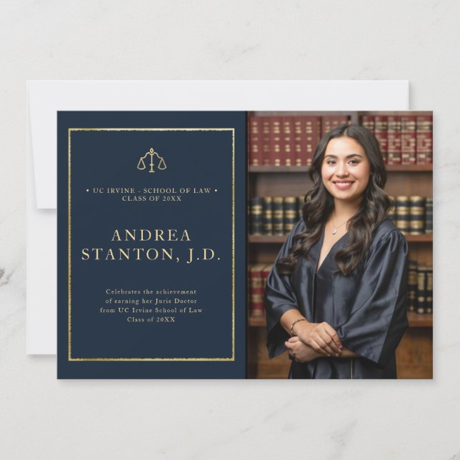 Law School Graduation Gold Frame Photo Modern Navy Ankündigung (Vorderseite)