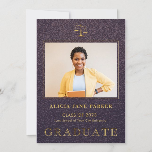 Law school graduation purple gold foto ankündigung (Vorderseite)