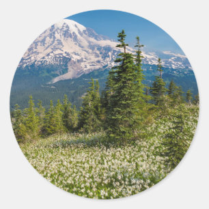 Lawinenlilien und Mount Rainier Runder Aufkleber