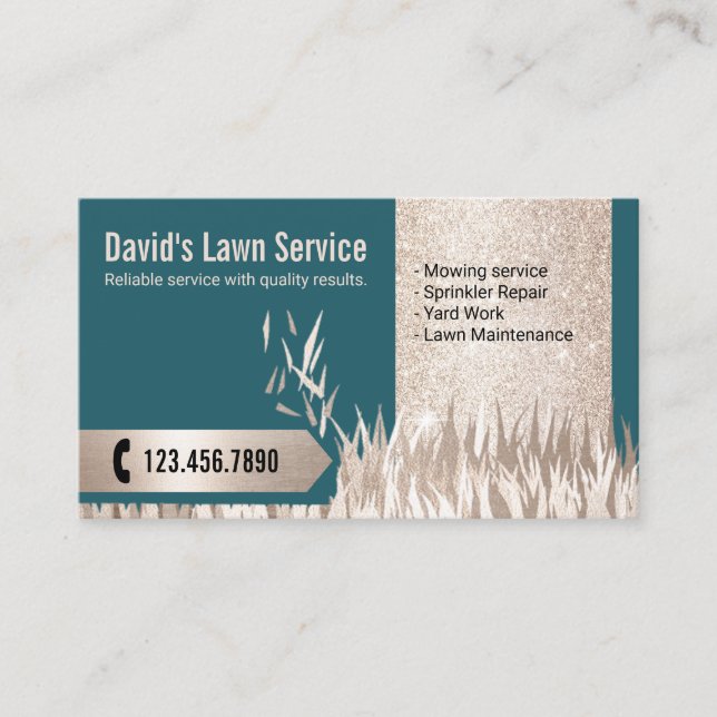 Lawn Care Landscaping Luxus Aquamarin & Gold Visitenkarte (Vorderseite)