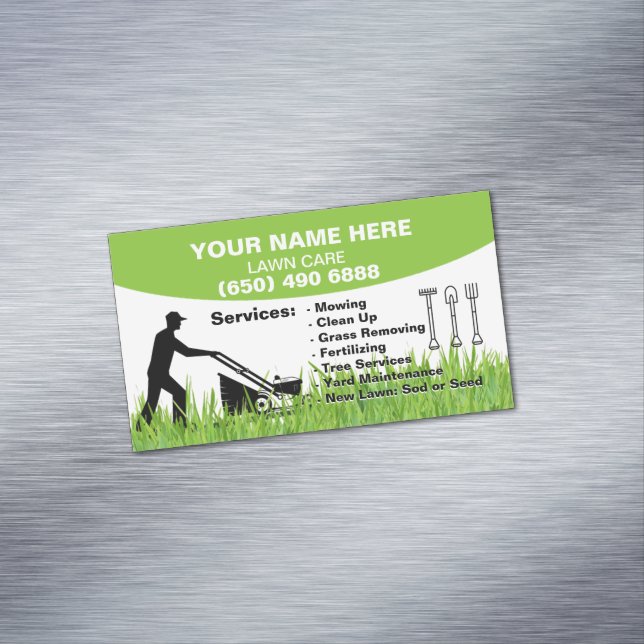 Lawn Care Landscaping Mowing Grass Service Magnetische Visitenkarte (Beispiel)