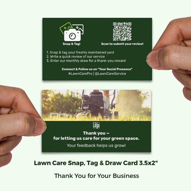 Lawn Care Logo Danke Foto Testimonial & Empfehlungskarte (Lawn Care Logo Thank You Photo Testimonial & Referral Card; Size 3.5x2 Inch, Landscape Format)