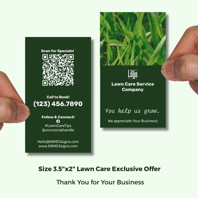 Lawn Care You Help Us Grow Appreciation Visitenkarte (Lawn Care You Help Us Grow Appreciation Business Card with Logo; Size 3.5x2 Portrait Format)