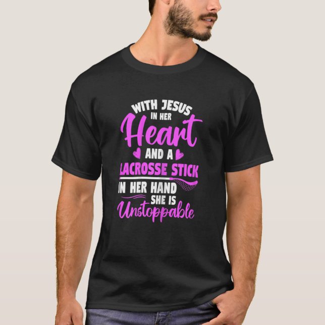 LAX Player Sport Lacrosse in ihrer Hand halten T-Shirt (Vorderseite)