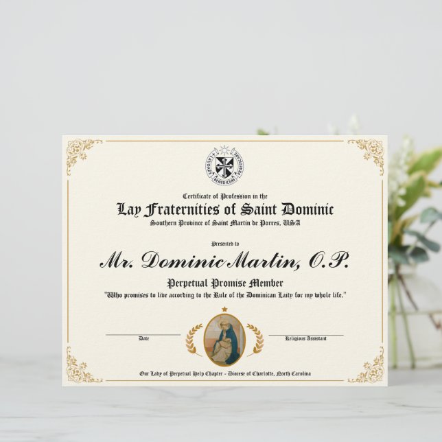 Lay Dominican Certificate (Stehend Vorderseite)