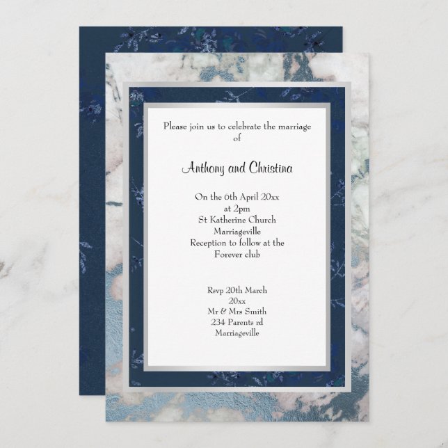 LAYER NAVY BLAUE SILVER MARBLE WEDD EINLADUNG (Vorne/Hinten)