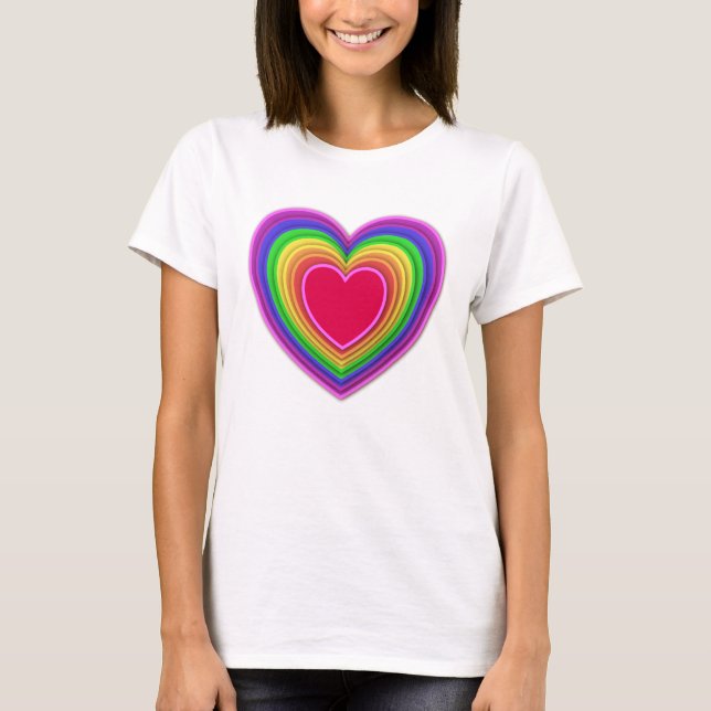 Layered 3-d Herzen Regenbogenfarben T-Shirt (Vorderseite)