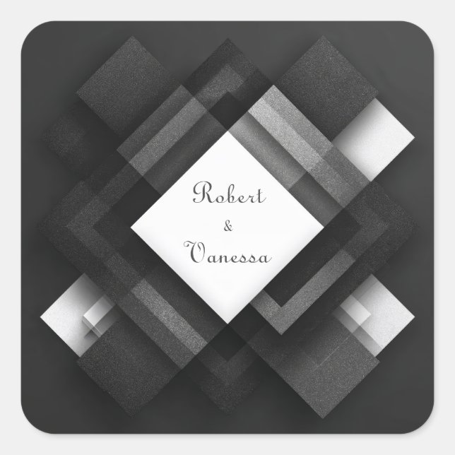 Layered Monochrome geometrische Abstrakte Hochzeit Quadratischer Aufkleber (Vorderseite)