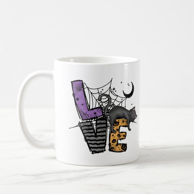 Lazy Black Cat im Spider Web mit Liebe Kaffeetasse (Links)