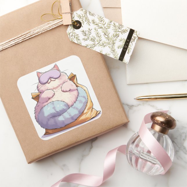 Lazy Cat Snack Nap Quadratischer Aufkleber (Schenken)