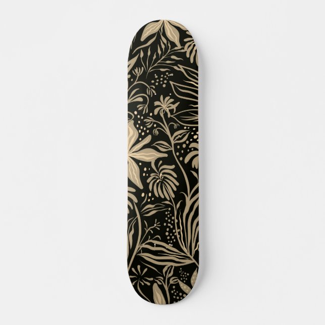Lazy Floral Pattern in Gold on Black  Skateboard (Vorne)