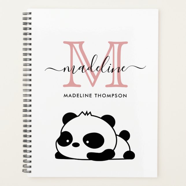 Lazy Panda Blush Pink Schwarz-weiße Monogram Scrip Planer (Vorderseite)