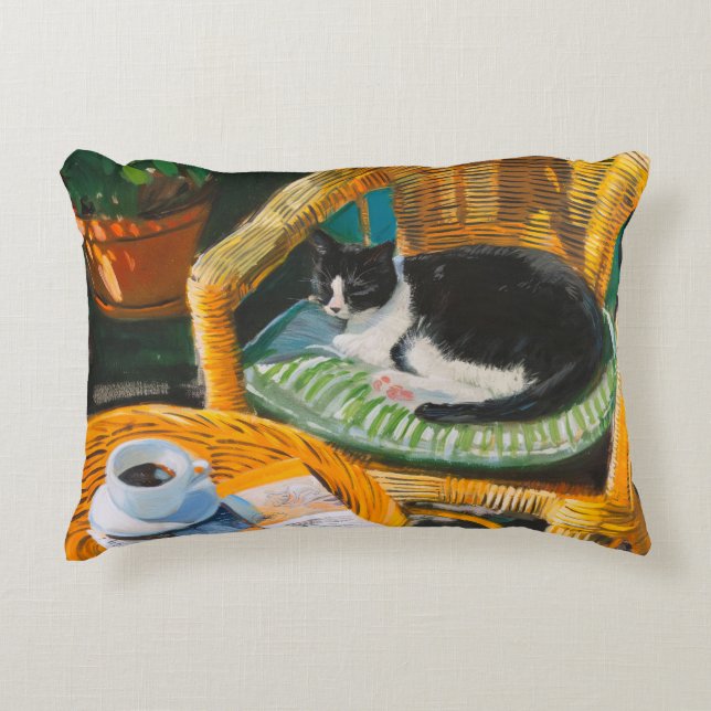 Lazy Sunday Morning | Gemütliches Cat & Coffee-Gem Dekokissen (Vorderseite)
