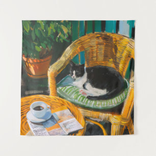 Lazy Sunday Morning Gemütliches Cat & Coffee-Gem Wandteppich