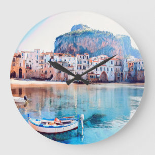 ldp CEFALæ- Sizilien - Strand - Panorama Große Wanduhr