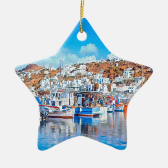ldp MYKONOS - Fischerboote - Hafen - Panorama Keramik Ornament (Vorne)