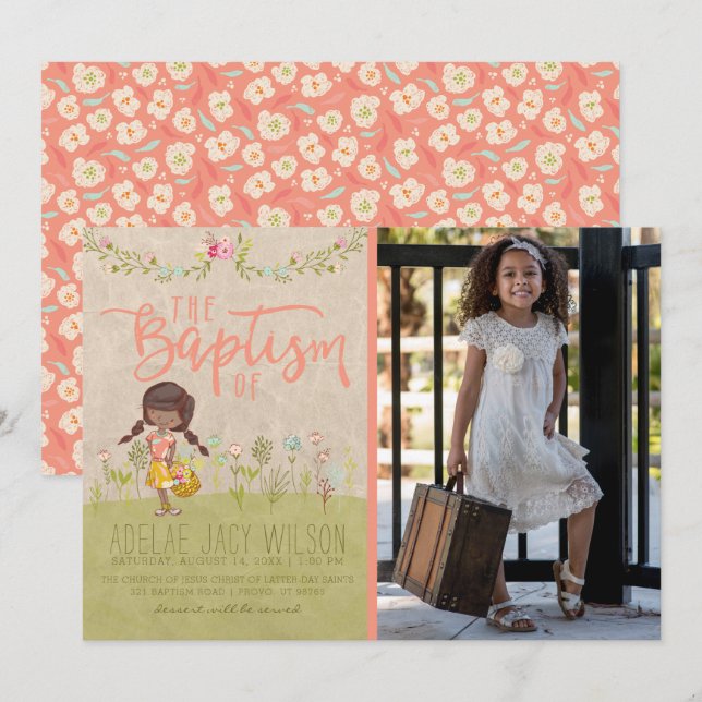 LDS BAPTISM FOTO INVITATION | Vintage Blütenmädche Einladung (Vorne/Hinten)