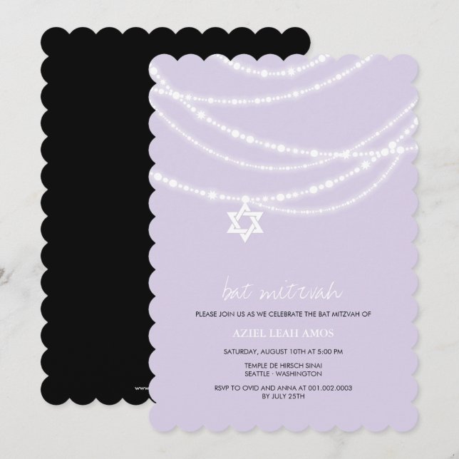 Le bat mitzvah pourpre miroite invitation d'étoile (Devant / Derrière)