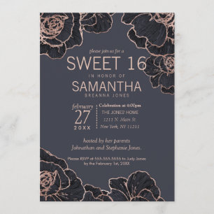 Le bleu marine rose d'or fleurit des invitations