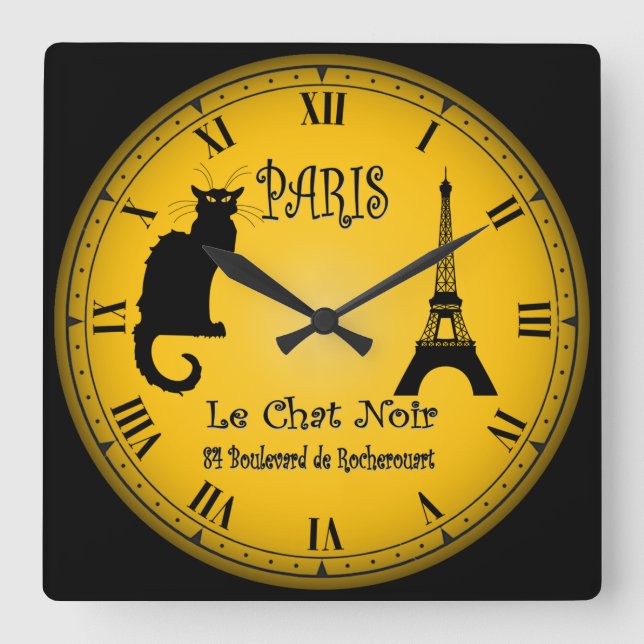 Le Cabaret du Chat Noir ~ The Black Cat Cabaret ~ Quadratische Wanduhr (Vorderseite)