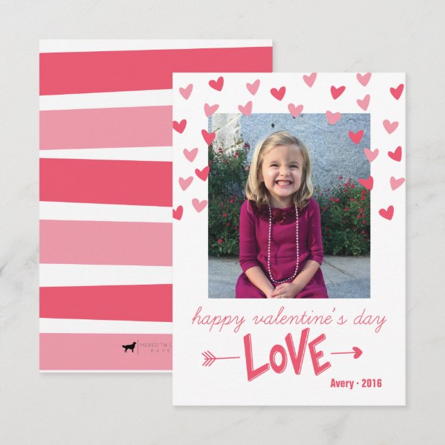 Le carte photo rose heureux de Valentine de coeurs (Devant / Derrière)