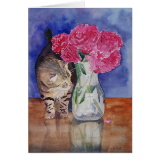 Le chat juste doit sentir les belles pivoines