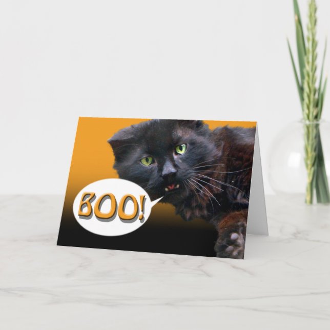 Le chat noir de carte de Halloween indique huent ! (Devant)