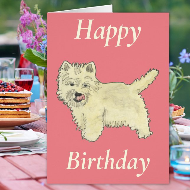 Le chien de Terrier de l'Ouest de l'Ouest rose (Cute westie dog happy birthday pink folded card West highland terrier watercolor animal art pet love)