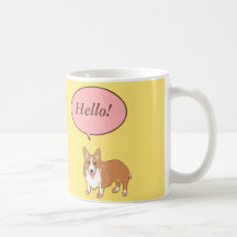 Le corgi indique bonjour la tasse jaune