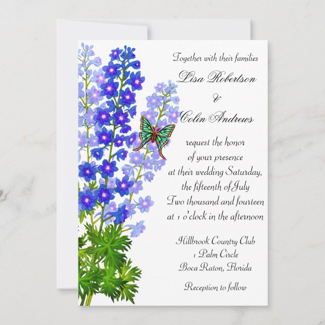 Le delphinium bleu fleurit le faire-part de (Devant)