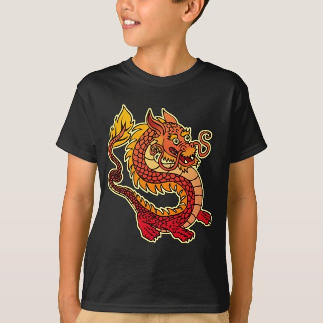 Le dragon chinois rouge badine le T-shirt foncé (Devant)