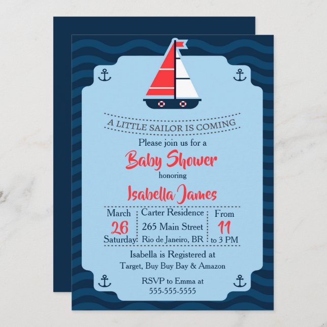 Le Invitation du petit Baby shower de voile (Devant / Derrière)